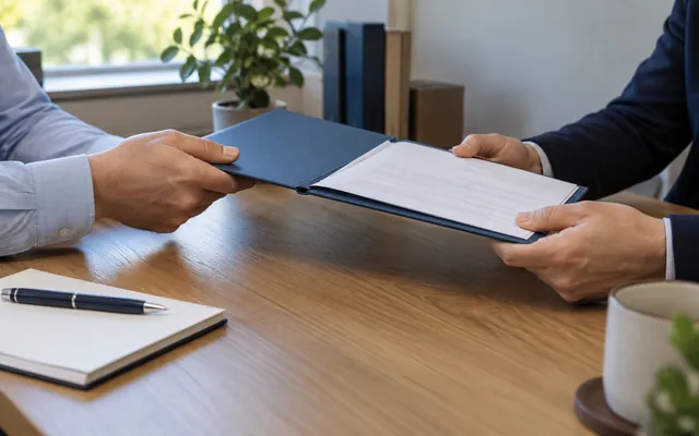 A client passes a prepared document folder to a professional specialist across a consultation desk.