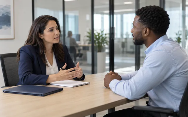 A recruiter and candidate talk at an interview table.