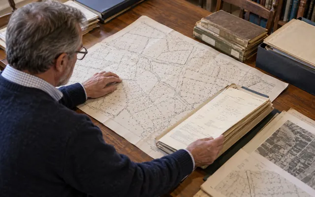 A researcher compares property records and a parcel map at an archive table.