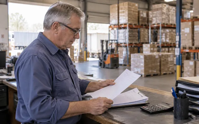 A warehouse office reviews an unpaid business invoice and delivery records.