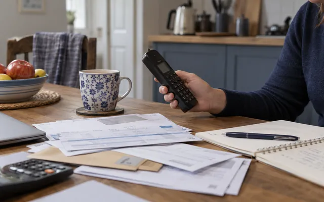 Household account paperwork and a phone prepared for a customer conversation.