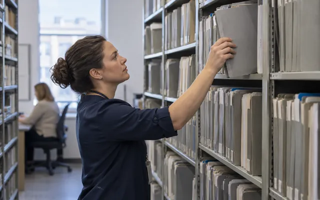 A records clerk retrieves a case folder from court archive shelves.