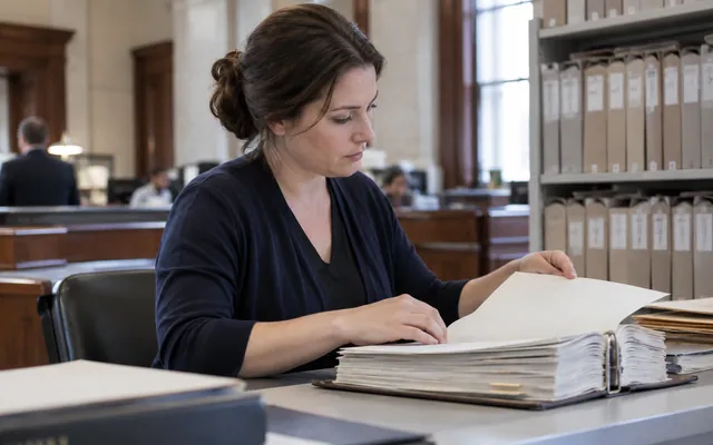A researcher opens an archive binder at a court records desk.