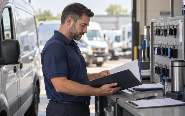 A fleet manager reviews a driving record folder beside a parked van.