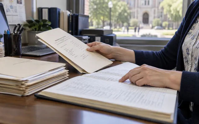 Academic records compared with an archive index at a campus registrar desk.