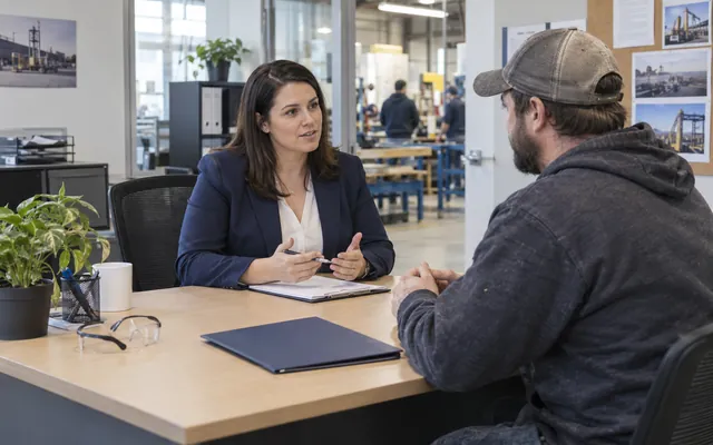 A recruiter and a candidate discuss a role at a light-industrial hiring desk.