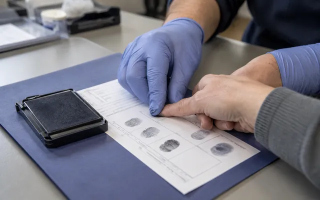 A technician rolls an applicant’s finger onto an ink fingerprint card.