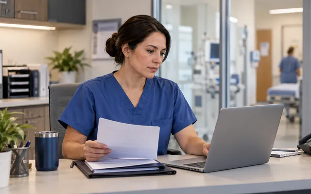 A healthcare administrator reviews provider records at a clinic desk.