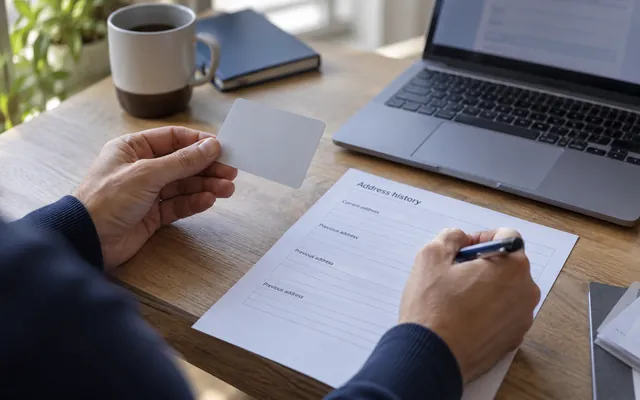 A plain card held beside an address-history form and laptop.