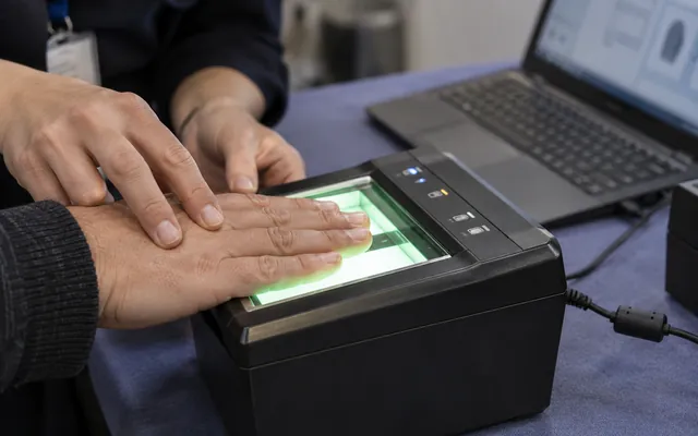 An adult applicant’s fingertips resting on an electronic fingerprint reader.