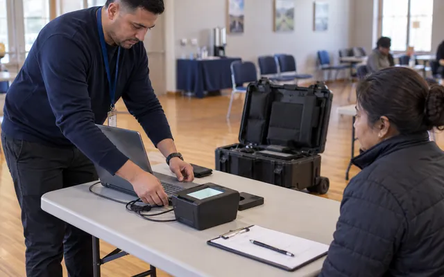 A portable fingerprint capture kit set up for an on-site appointment.