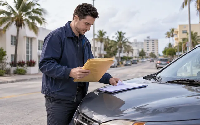 A courier reviews a sealed service packet and a route sheet beside a parked car.