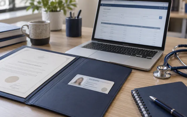 A professional credential folder and license card beside a registry search.