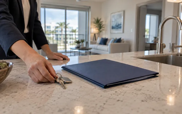Apartment keys and a rental application folder on a kitchen island.
